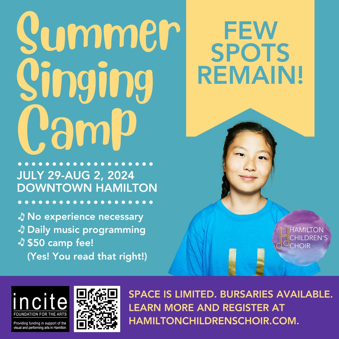Only a few spots remain! Have you signed up for our Summer Singing Camp yet? This week-long day camp immerses singers in the world of expressive vocal music. Learn more: hamiltonchildrenschoir.com/camp/ #HamOnt #HamOntCamps #HamOntSummer