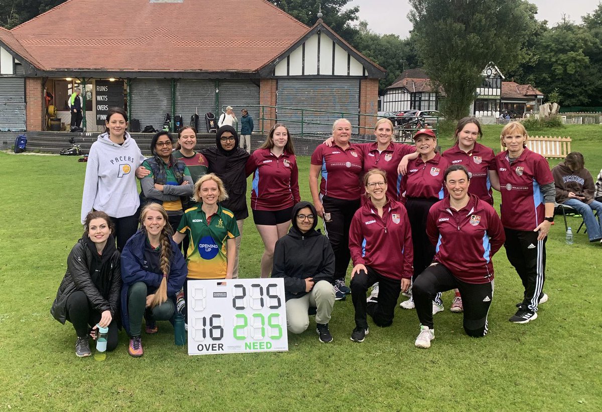 spcc_women's tweet photo. A first in my cricketing career, a draw in a HB pairs match! A fabulous 4 from Captain Katie to get us to the 275 that @oxcc_women got in the first innings, what a way to get us to the first draw (I think!) for Sefton Women! Well played everyone 🏏🥰💗🎉💪💃🏾 https://t.co/05BISZtJ7p