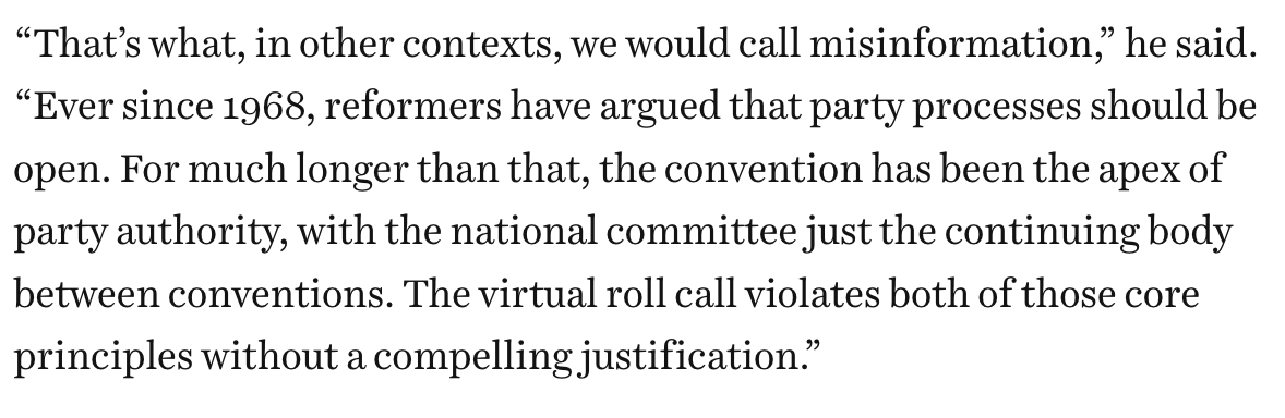 NateSilver538's tweet photo. I'd be curious to hear from nonpartisan election lawyers too, but the expert in the party nomination process cited by Vox today calls the DNC/@harrisonjaime position "misinformation".

https://t.co/ZhpolUTVIY https://t.co/2hVf5pnAsR