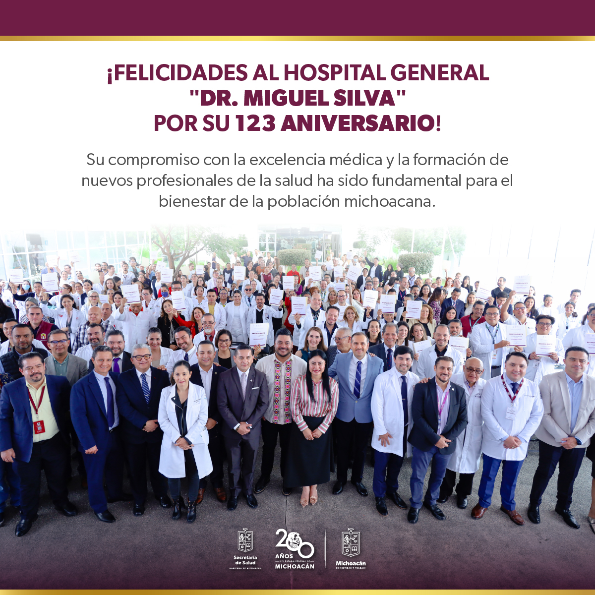 🥳 Reconocemos la labor incansable de todo el personal del Hospital General "Dr. Miguel Silva", su dedicación y esfuerzo es un pilar fundamental de la salud en Michoacán. 

¡Feliz 123 Aniversario! #HonestidadyTrabajo