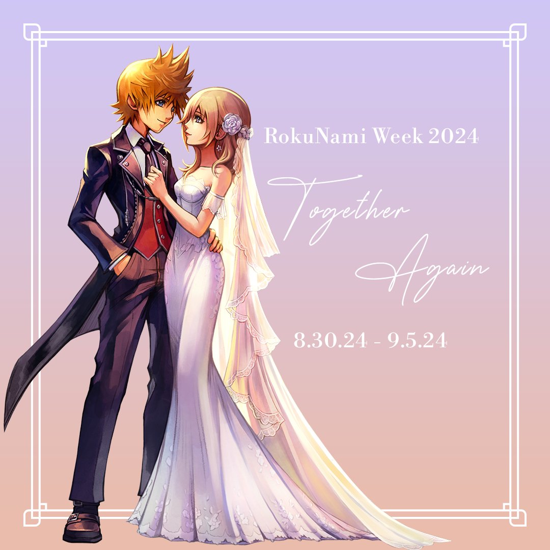 rokunamiweek's tweet photo. It's time! 🎉 RokuNami Week starts August 30th &amp; this year's theme is Together Again 🫶💕

A special thank you to the super sweet @hollypolllyy for this stunning promo art 🥹💒

We hope everyone has fun this year &amp; please tag #rokunamiweek2024 or @rokunamiweek so we can share ✨ https://t.co/k0C7t34PZU