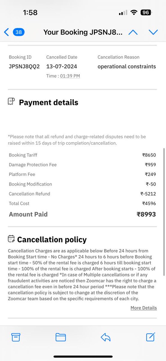 KritikaSachdev9's tweet photo. @Zoomcar_India On 15th June 2024, I made a booking with reference number JPSNJ8QQ2 for 3rd August 2024 and was assured of a full refund in the event of cancellation 24 hours prior to the trip start date. https://t.co/QyKEfXlFED