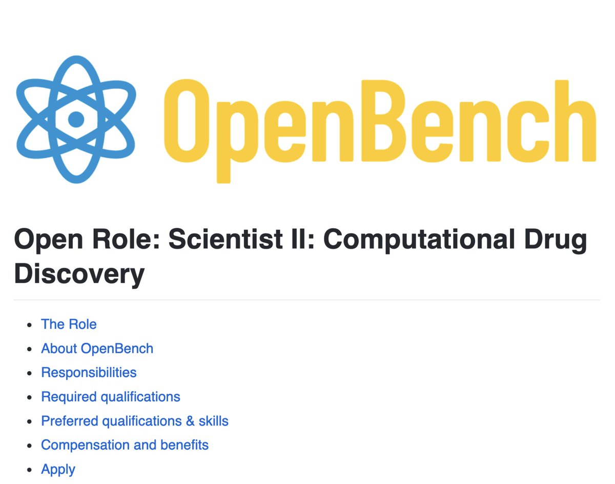 lewischewis's tweet photo. hi comp.chemists/medchemists - we're hiring for a scientist II at OpenBench. The gist is you'll be evaluating targets and conducting DMTA following a virtual screen. Our collab structure is very unique, so you get insight in a wide range of pharma targets. Find out more below! https://t.co/Z31dlZNejG