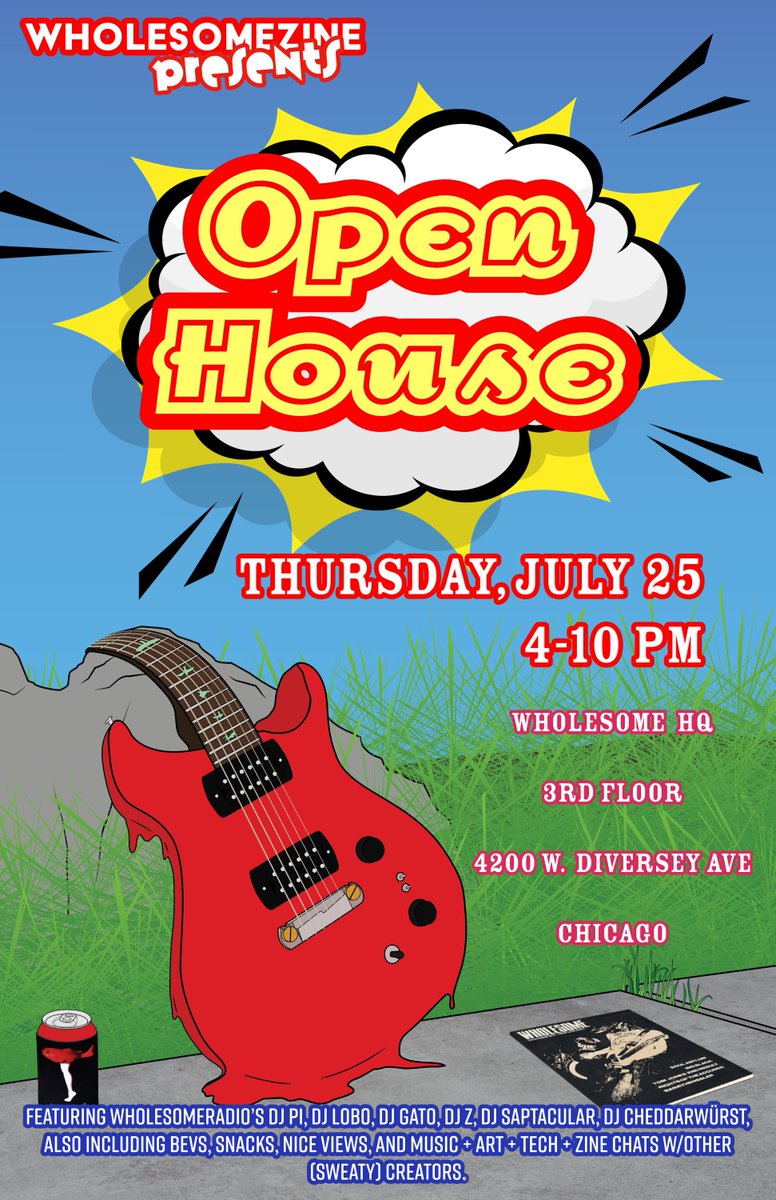 Join us at WholesomeZine's Open House! Featuring WholesomeRadio's DJs, music, art, tech, zine chats with (sweaty) creators, bevs, snacks, &amp; nice views!
🔗 Link in bio to RSVP so you don't miss out!
#chicago #creativityclubhouse #creatorspace #wholesome #chicagoevent #openhouse