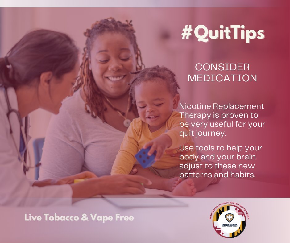 WorcesterHealth's tweet image. #QuitTips Nicotine Replacement Therapy like nicotine patches or gum, is a wonderful tool to help your body &amp;amp; brain transition during your tobacco quit journey!
To learn more about quit resources, call 410-632-1100 x 1103 or visit worcesterhealth.org 
#LiveTobaccoAndVapeFree