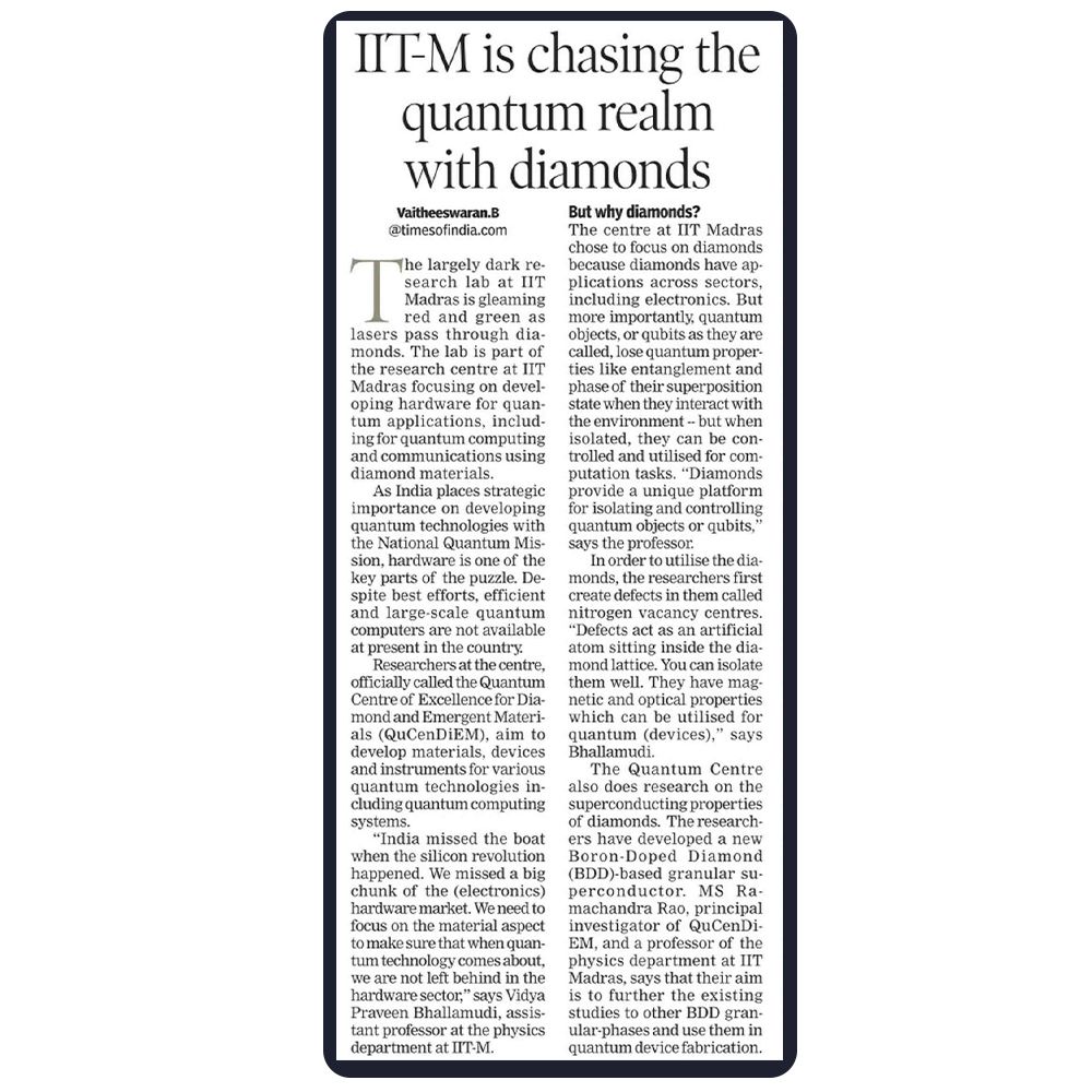 NaFaUpSpo's tweet image. The Quantum #CentreofExcellence for Diamond &amp;amp; Emergent Materials (QuCenDiEM) at #IITMadras is pioneering #quantumhardware #research using #diamond materials. With the National Quantum Mission prioritizing #quantumtechnology, India aims to excel in hardware development