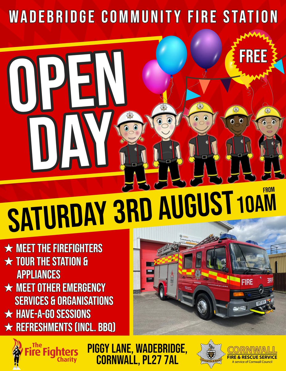 Wadebridge Community Fire Station (@wadebridgecfrs) on Twitter photo Our annual open day is on Saturday 3rd August!
βοΈ <a href="/WadebridgeCFRS/">Wadebridge Community Fire Station</a> π
βοΈ <a href="/WadebridgePol/">Wadebridge Police</a> π
βοΈ <a href="/HMCoastguard/">HM Coastguard</a> (Polzeath) π
βοΈ <a href="/EastSearch/">East Cornwall Search & Rescue Team</a> βοΈ
βοΈ <a href="/CallingtonTSSO/">Callington Tri-Service Safety Officer Ella Henwood</a> & Bossiney πΆ
βοΈ Have-a-go sessions π¦
βοΈ Refreshments ππ°βοΈ
A free to attend event for the whole family! Our annual open day is on Saturday 3rd August!
βοΈ <a href="/WadebridgeCFRS/">Wadebridge Community Fire Station</a> π
βοΈ <a href="/WadebridgePol/">Wadebridge Police</a> π
βοΈ <a href="/HMCoastguard/">HM Coastguard</a> (Polzeath) π
βοΈ <a href="/EastSearch/">East Cornwall Search & Rescue Team</a> βοΈ
βοΈ <a href="/CallingtonTSSO/">Callington Tri-Service Safety Officer Ella Henwood</a> & Bossiney πΆ
βοΈ Have-a-go sessions π¦
βοΈ Refreshments ππ°βοΈ
A free to attend event for the whole family!