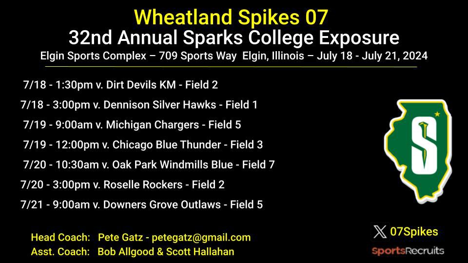 Wheatland Spikes Premier 18u (@spikes18uprem) on Twitter photo Only two weekends left this summer. This week we are competing at the 32nd Annual Sparks College Exposure in Elgin, IL. Hope to see many of the coaches that have been watching us all summer! <a href="/WheatlandSpikes/">Wheatland Spikes Softball</a> Only two weekends left this summer. This week we are competing at the 32nd Annual Sparks College Exposure in Elgin, IL. Hope to see many of the coaches that have been watching us all summer! <a href="/WheatlandSpikes/">Wheatland Spikes Softball</a>