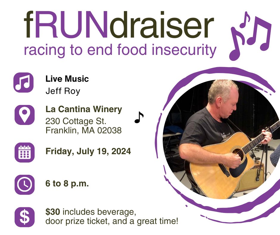 Get your tickets and join <a href="/jeffroy/">Jeffrey N. Roy</a> for an evening of music at <a href="/lacantinawinery/">La Cantina Winery</a> and support The Pantry's @falmouthRR team! This Friday, July 19, 2024, from 6 to 8 pm. Door prizes, music, beverages, and more! bit.ly/45XZ7OZ #falmouthroadrace #endhunger