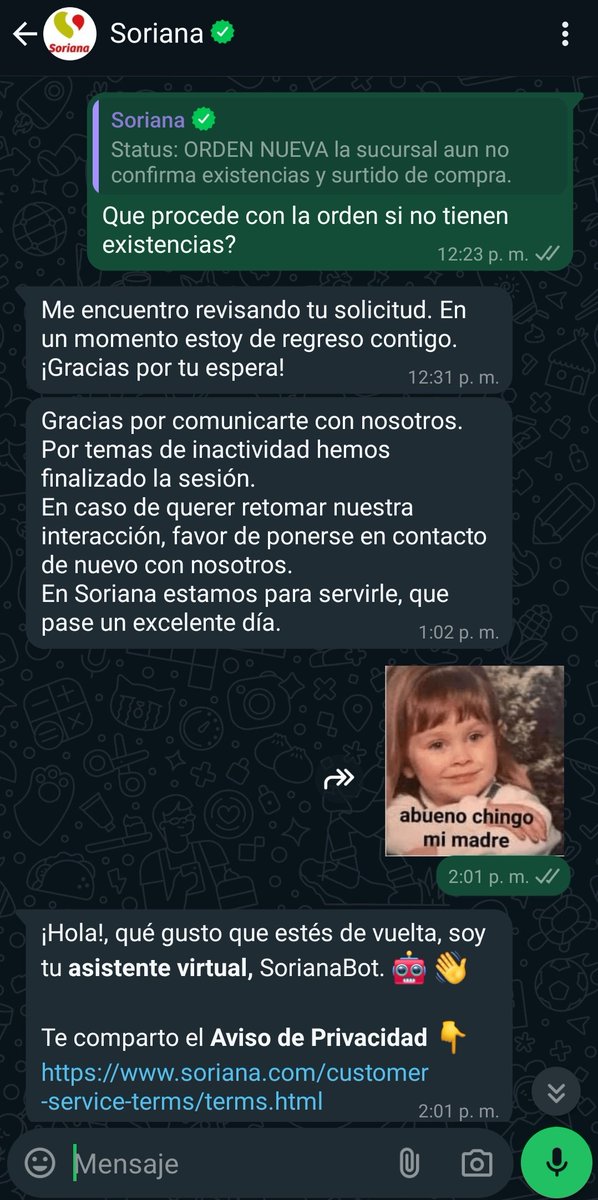 Vic_Haro's tweet photo. Nótese el terrible servicio de @TiendaSoriana . Está fue la tercera vez que me dejaron colgado en el chat. El pedido nunca llegó. https://t.co/TjTGT5NXEP