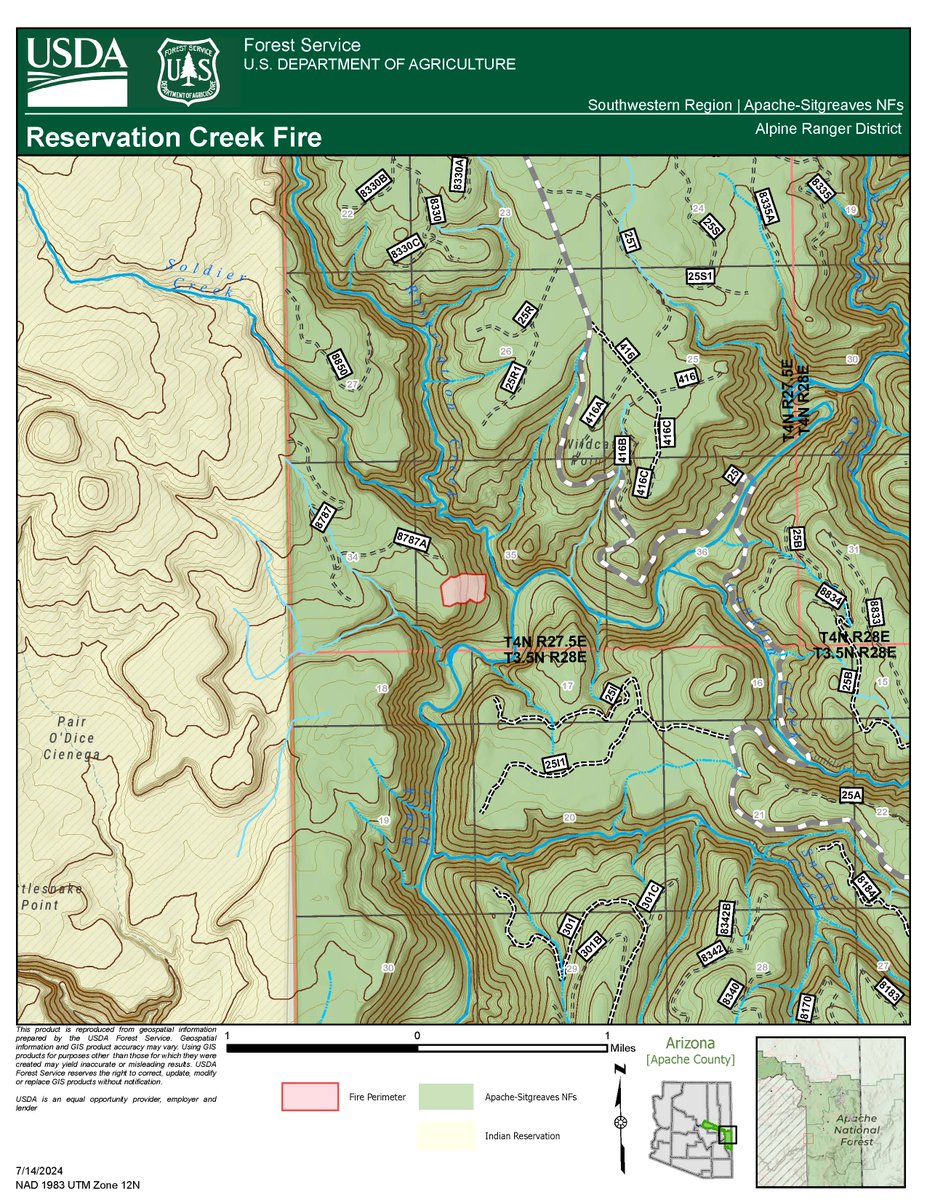 Apache-Sitgreaves National Forests
Forest Service News Release

Forest Public Affairs Specialist
Steve Johnson
fs.usda.gov/asnf

Reservation Creek Fire – July 16, 2024

*see attachments for news release and map