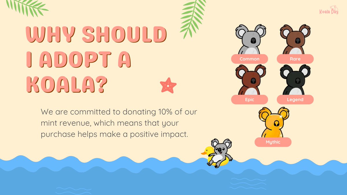 🚨 MINT IS LIVE

🧮 SUPPLY: 3333
💰 PRICE: 0.01 ETH
🌐 BLOCKCHAIN: BASE

🐨 COLLECT TO PROTECT KOALAS
🏥 10% GETS DONATED
📚 PUBLISHED A CHILDRENS ABC BOOK IN 2023
🖼️ FREE ART AIRDROPPED WEEKLY TO HOLDERS

👇 CLICK THE LINK BELOW