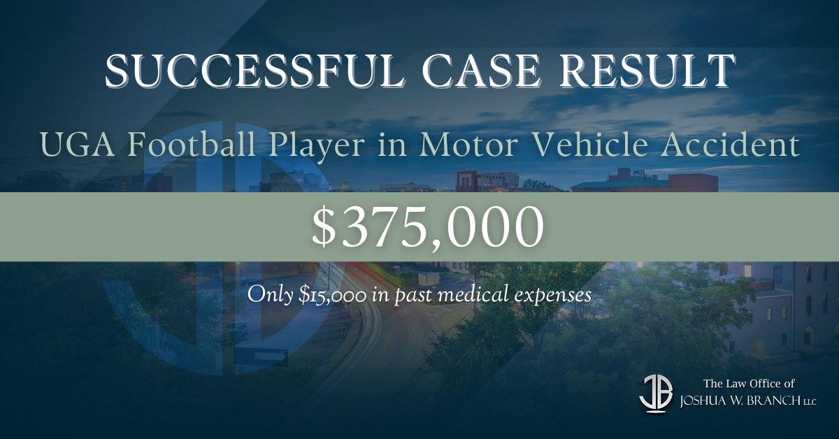 JoshBranchLaw's tweet photo. A UGA Football player was involved in a serious crash. He suffered a deep laceration on his head but thankfully just required one ER visit, totaling $15,000 in medical expenses. We were able to secure $375,000 for his case which represented the total of all available insurance. https://t.co/iGGXEE71HF