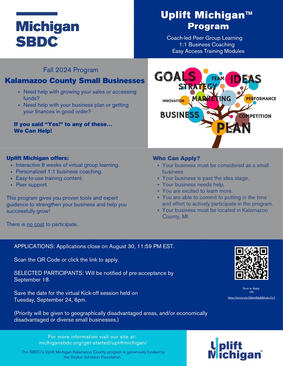Are you a small business owner looking for ways to grow your business? Uplift Michigan can help you achieve that goal with their free support program made specifically for small businesses in Kalamazoo! The flyer below has more information if you are interested!