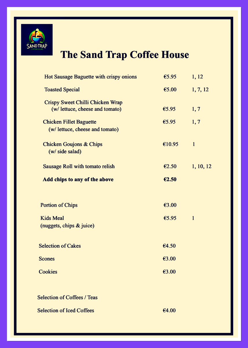Sand Trap Coffee House at Slievenamon Golf Club - now serving lunch, snacks and treats Wednesday to Sunday inclusive 12 noon to 4pm. 
Open to everyone 🤗