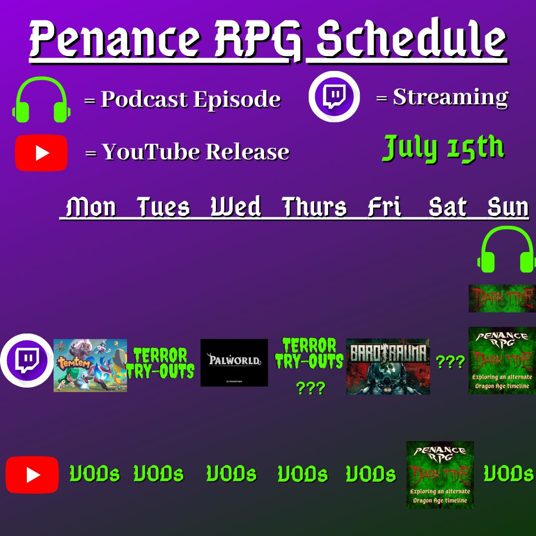 PenanceRPG's tweet photo. Where to find us this week:
https://t.co/ivwyB5qlyw

We have #TTRPG streams on #Twitch! They go up on #YouTube before the next stream #Horror &amp; co-op games daily

#gaming #podcast #GamingPodcast #TTRPGs #HorrorGames #RPG #DnD #HomeBrewRPG #IndieGames #DragonAge #indie https://t.co/ctlZE5dxAU