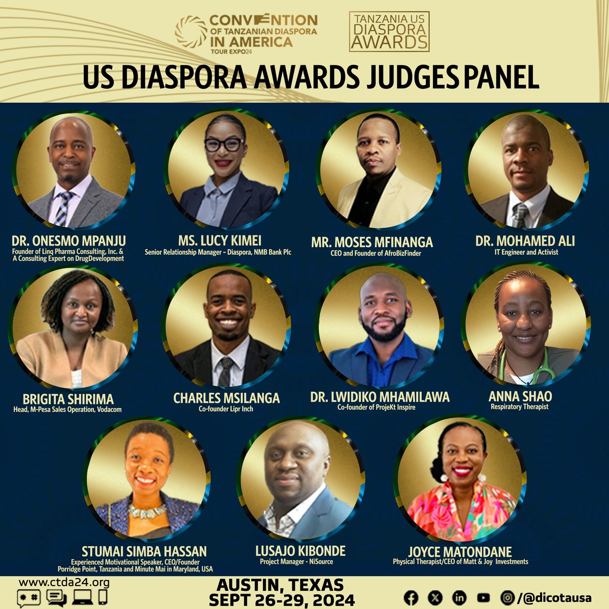 dicotausa's tweet photo. We are thrilled to announce our esteemed judges for the US Diaspora Awards, taking place during the Convention of Tanzanian Diaspora in America and Tour Expo #CTDA24! 

Join us for a weekend of celebration, connection, and recognition of our diaspora community. https://t.co/t2SDlyxSBw