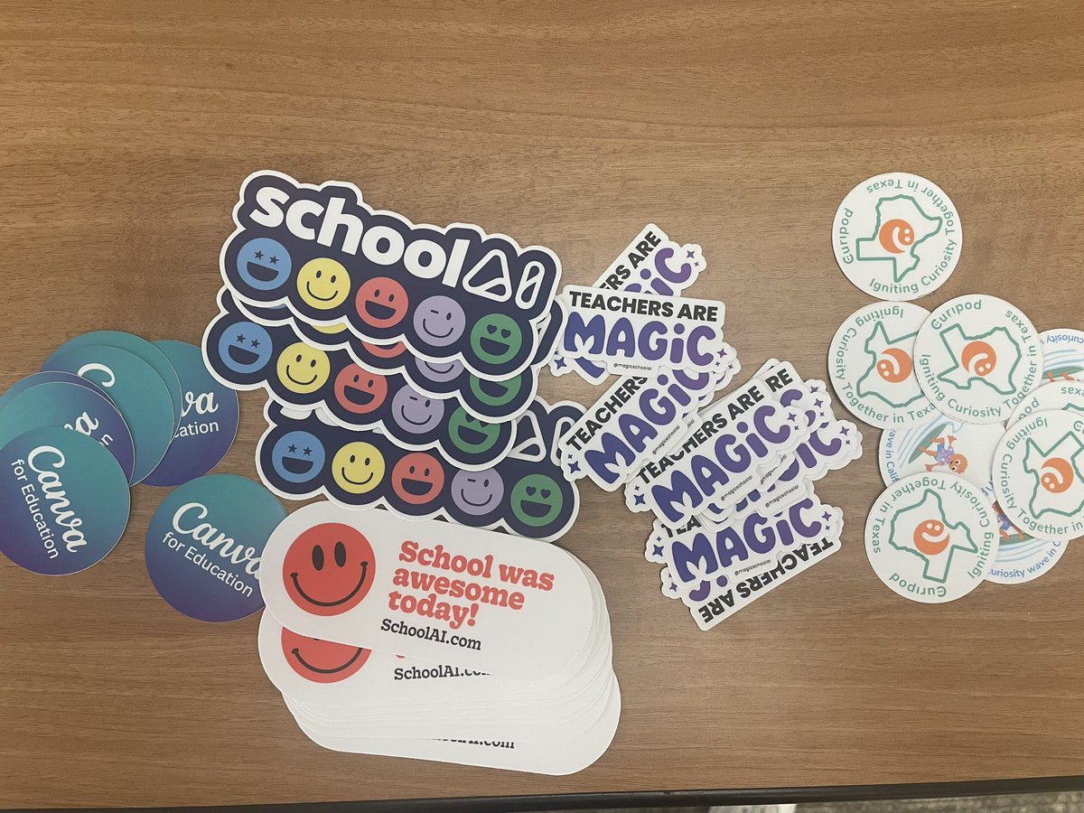 baconedtech's tweet photo. No #TechTshirtTuesday but I got #TechStickers for my #Cultivate24 presentation! Big thank you to @CanvaEdu @GetSchoolAI @magicschoolai and @curipodofficial for supporting my session! 😍 @FISD_TnL https://t.co/tKrD6bYKRG