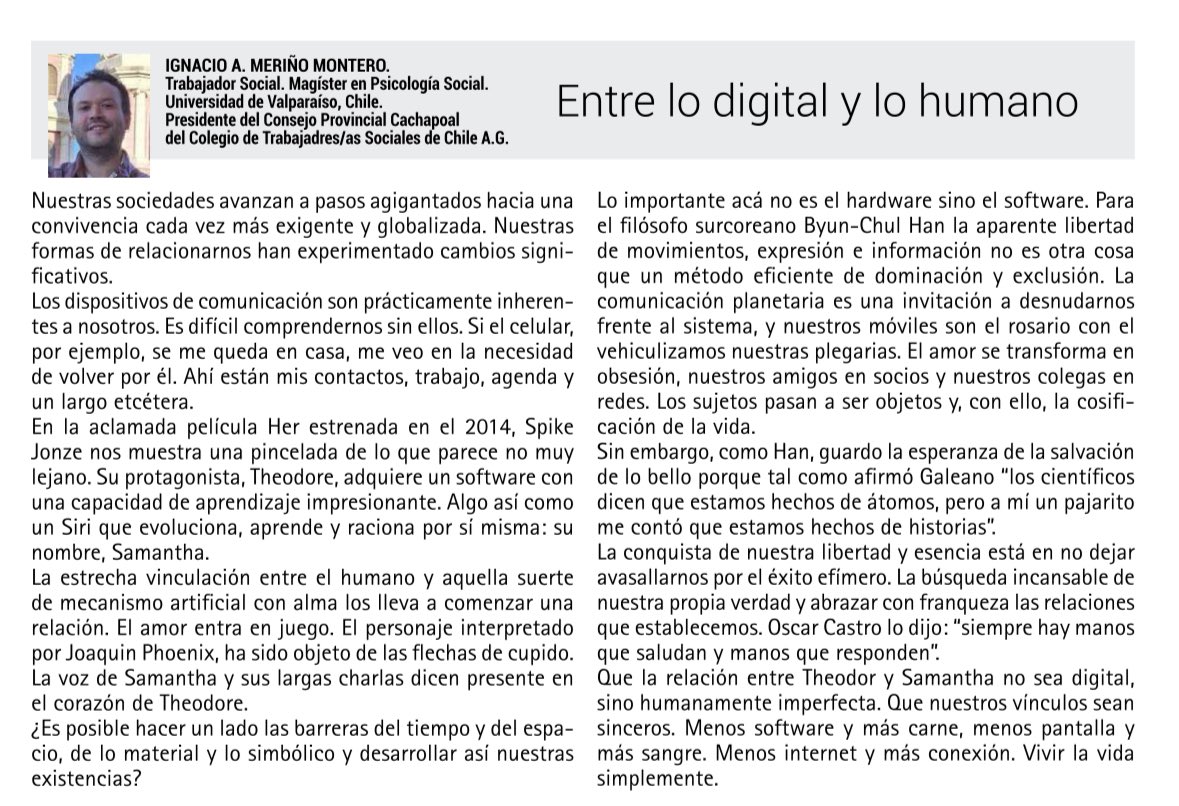 tscachapoal's tweet photo. Columna de opinión del presidente del consejo provincial cachapoal, Mg. TS. Ignacio Meriño Montero. https://t.co/QXwCtRptkd