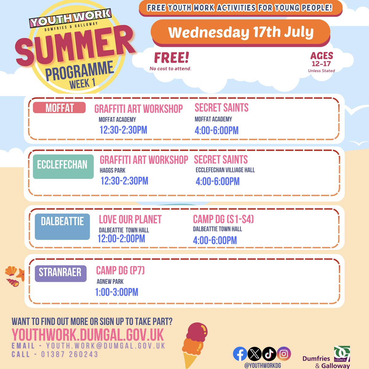 YOUTHWORKDG's tweet photo. Summer Activities coming up tomorrow across Dumfries &amp; Galloway☀️

Lots on offer this summer so come along to…
🏕️ Try New Things
🫂 Make New Friends
🏆 Gain Qualifications
🤪 Have fun and make it a summer to remember 

To find out more go to: https://t.co/VQ2vqbvraI https://t.co/KFCvIuhWz6
