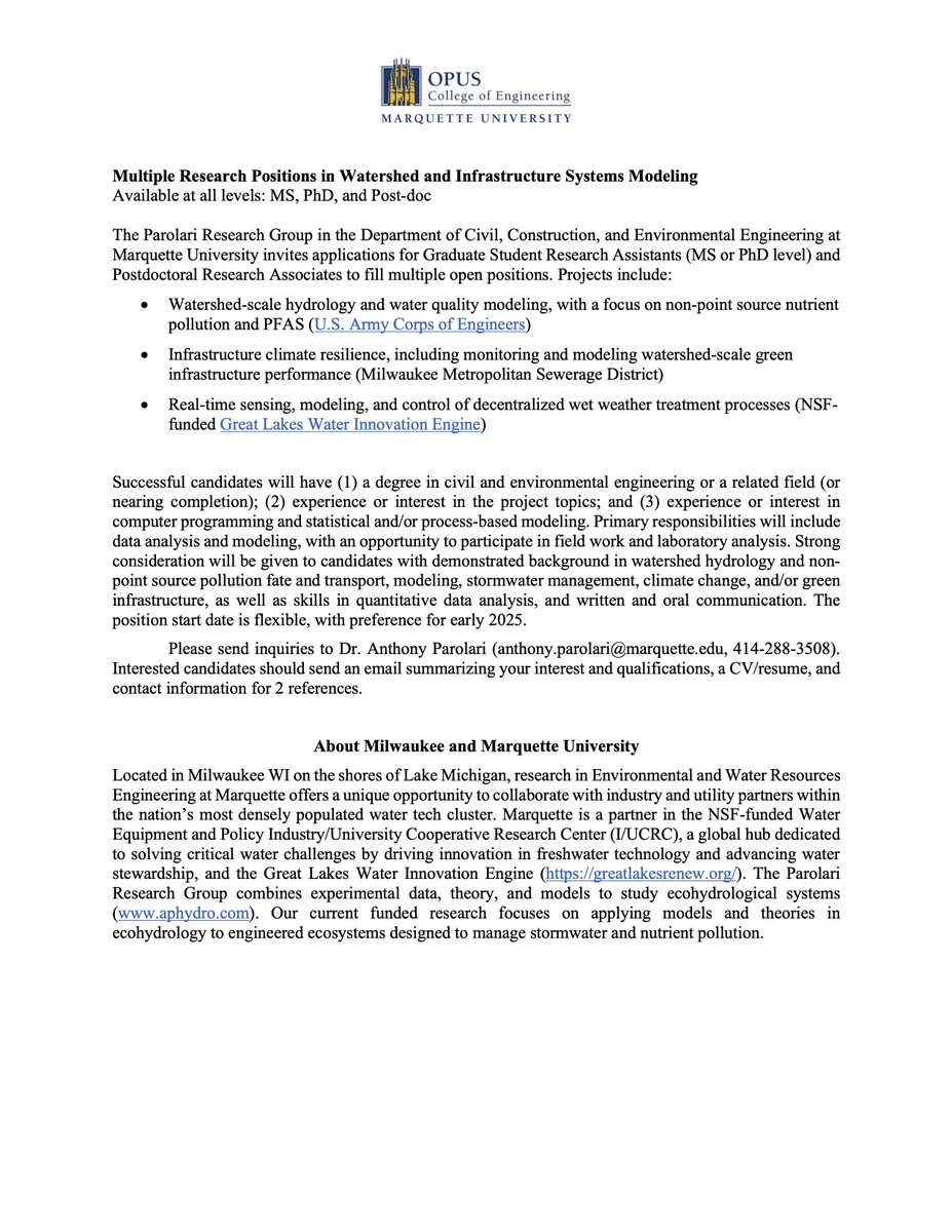 🚨 Hi all, I have 1-2 openings at the MS, PhD, or post-doc level. Projects generally focused on watershed modeling, including water quality/PFAS and stormwater/green infrastructure climate resilience. Appreciate your help sharing widely!