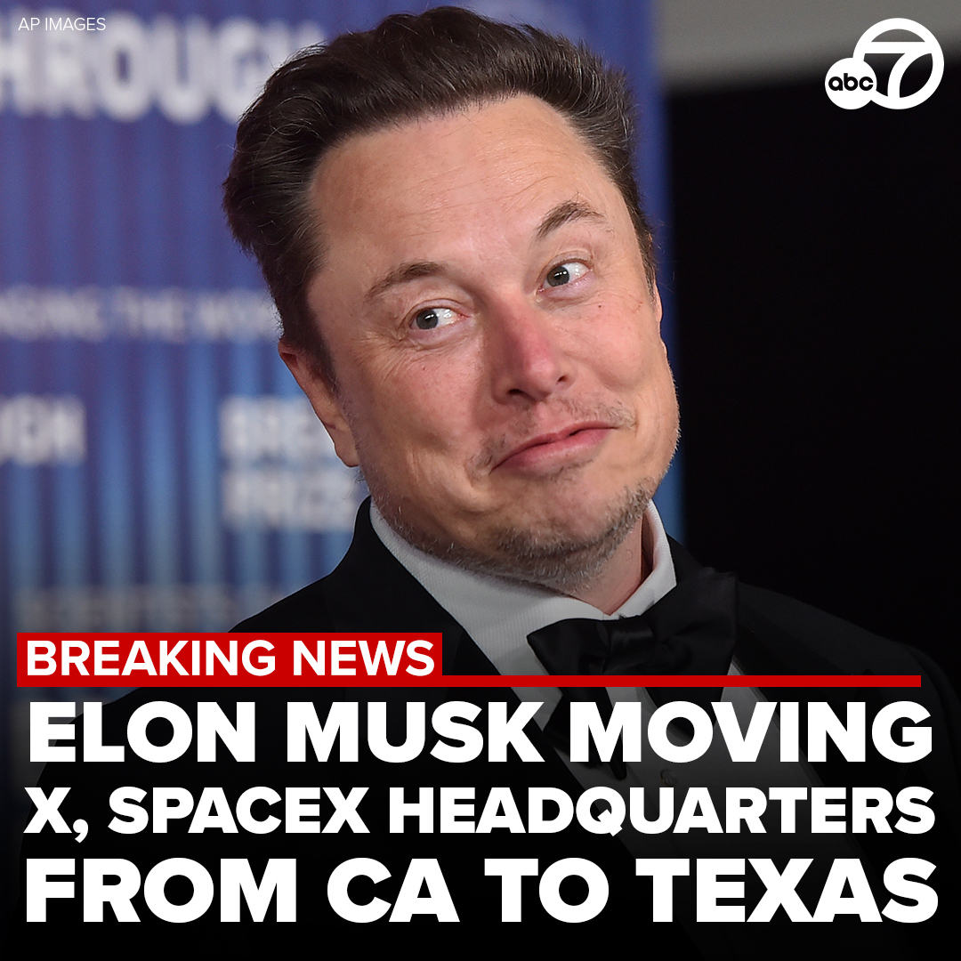 ABC7's tweet image. GOODBYE, CALIFORNIA: Elon Musk says he&apos;s moving the headquarters of SpaceX and X from California to Texas. Musk called a newly signed law by Gov. Newsom that bars school districts from requiring staff to notify parents of their child&apos;s gender identification change &quot;the final…