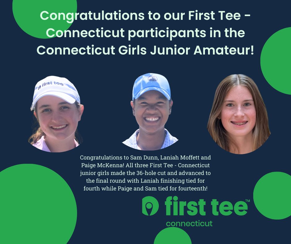 FirstTeeCT's tweet image. Happy to see three of our First Tee - Connecticut girls competing at the 3rd Connecticut Girls Jr. Amateur! Great golfers, scholars and role models, we are very proud of your accomplishments! #firstteect #girlsgolf #friendships #rolemodels #impactfulcoaches