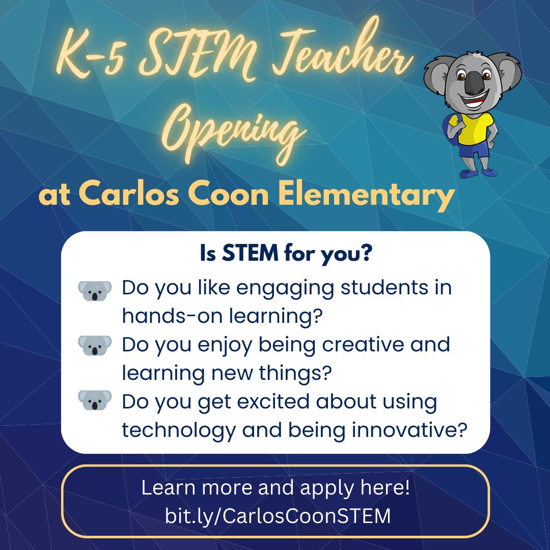 NISD Academic Tech (@nisdacadtech) on Twitter photo 🤖Passionate about STEM education for elementary students? Check out this opportunity to be the K-5 STEM Teacher at Carlos Coon Elementary! The posting closes July 22nd. bit.ly/CarlosCoonSTEM <a href="/NISDSTEMLabs/">NISD STEM Labs</a> <a href="/NISDCarlosCoon/">Carlos Coon Elementary</a> 🤖Passionate about STEM education for elementary students? Check out this opportunity to be the K-5 STEM Teacher at Carlos Coon Elementary! The posting closes July 22nd. bit.ly/CarlosCoonSTEM <a href="/NISDSTEMLabs/">NISD STEM Labs</a> <a href="/NISDCarlosCoon/">Carlos Coon Elementary</a>