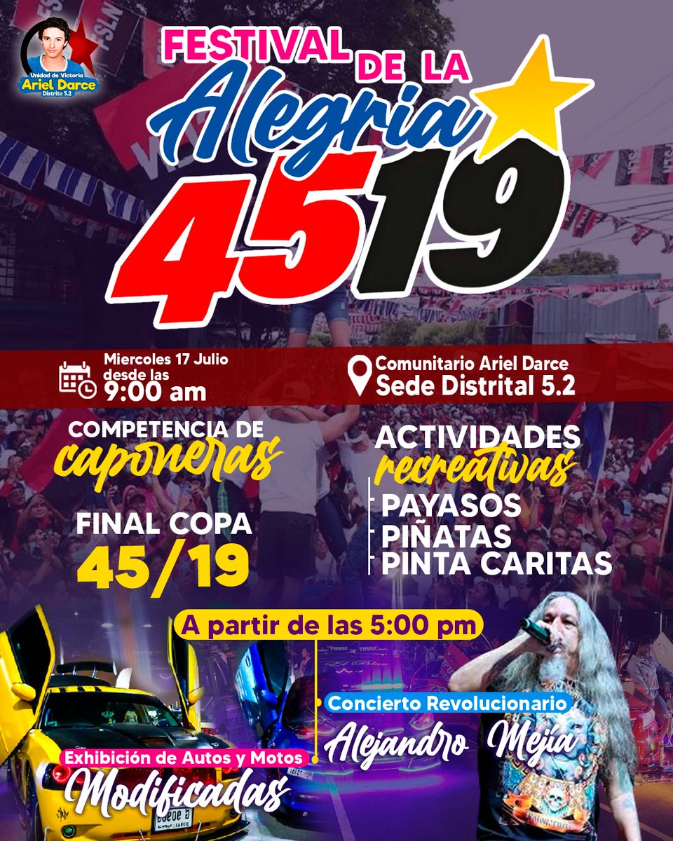 Ven a celebrar el 45/19 de la Revolución Popular Sandinista 🇳🇮❤️🖤

#Nicaragua Libre Bendita Y Soberana!!!

#4519LaPatriaLaRevolución #4519SiempreMásÁlla #ManaguaSandinista #PLOMO19