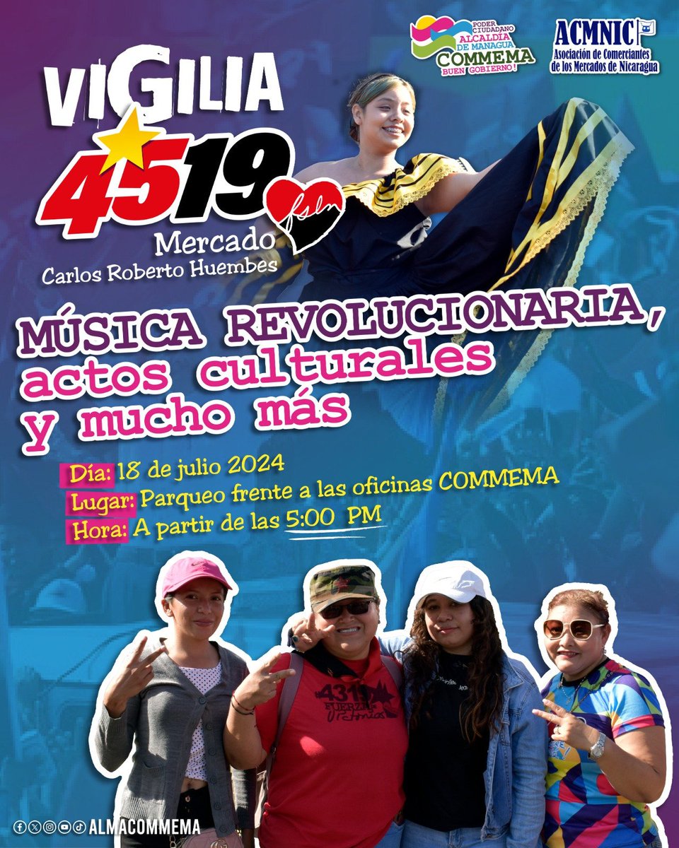 Ven a celebrar La Vigilia en saludos 45/19 de la Revolución Popular Sandinista 🇳🇮❤️🖤

#Nicaragua Libre Bendita Y Soberana!!!

#4519LaPatriaLaRevolución #4519SiempreMásÁlla #ManaguaSandinista #PLOMO19