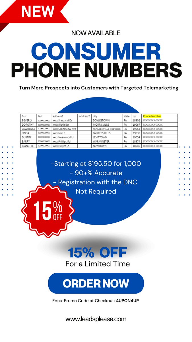 leadsplease's tweet photo. NEW! Consumer Phone Numbers are now available online. Add Phone Numbers to your marketing List, Boost attendance and Increase Sales with targeted #telemarketing.  Get 15% off Phone Number Lists in July 2024: https://t.co/sM3LjCLM4s https://t.co/xvNk1CDX3f
