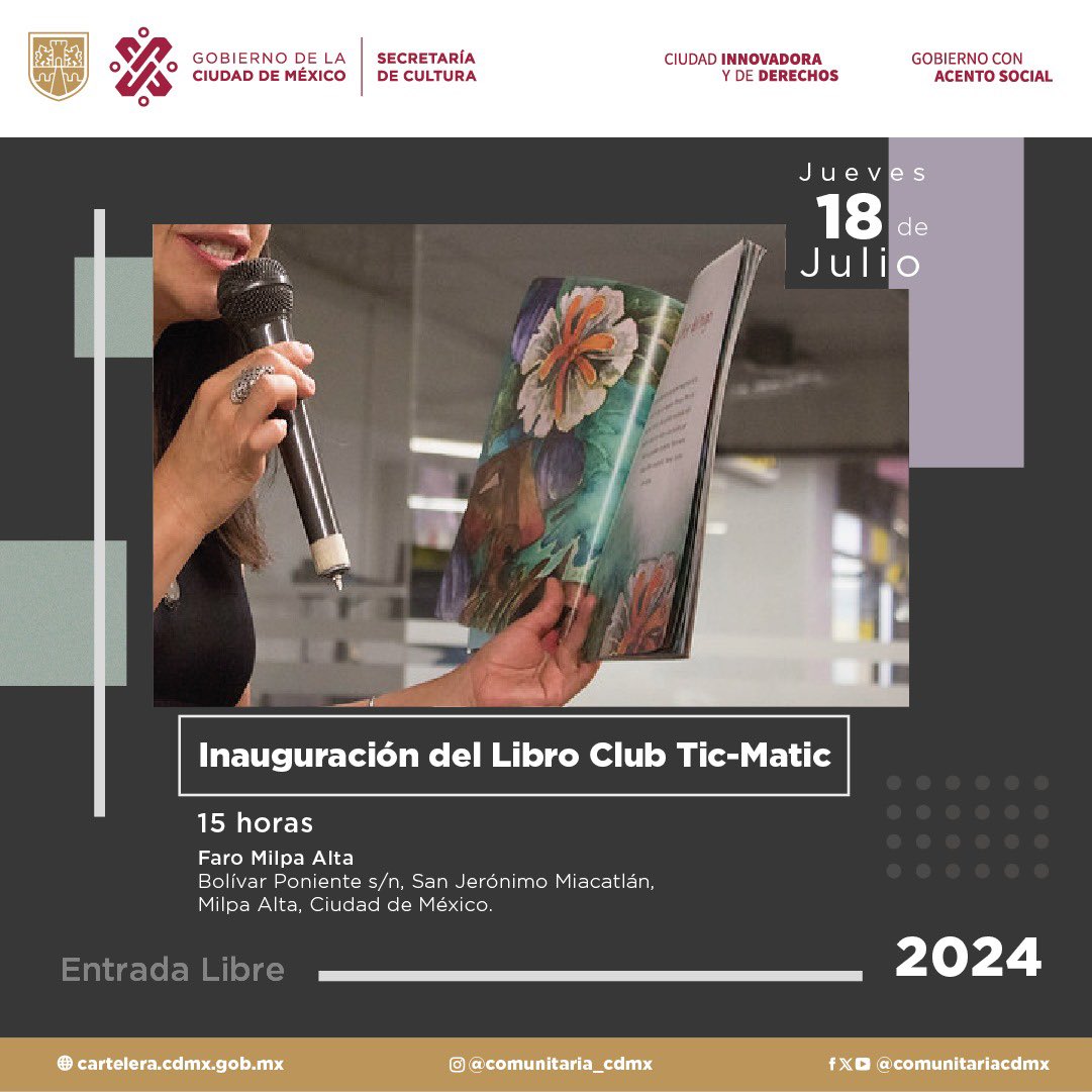 ComunitariaCdMx's tweet photo. La #RedDeLibroClubes de la Secretaría de @CulturaCiudadMx inaugurará una nueva sede el próximo jueves 18 de julio en la @DifusionFaro, con la intención de llevar la lectura a la comunidad del sur de la capital.

15 horas | #EntradaLibre

Más actividades: https://t.co/ku174LrpaD https://t.co/40ivp9FTub