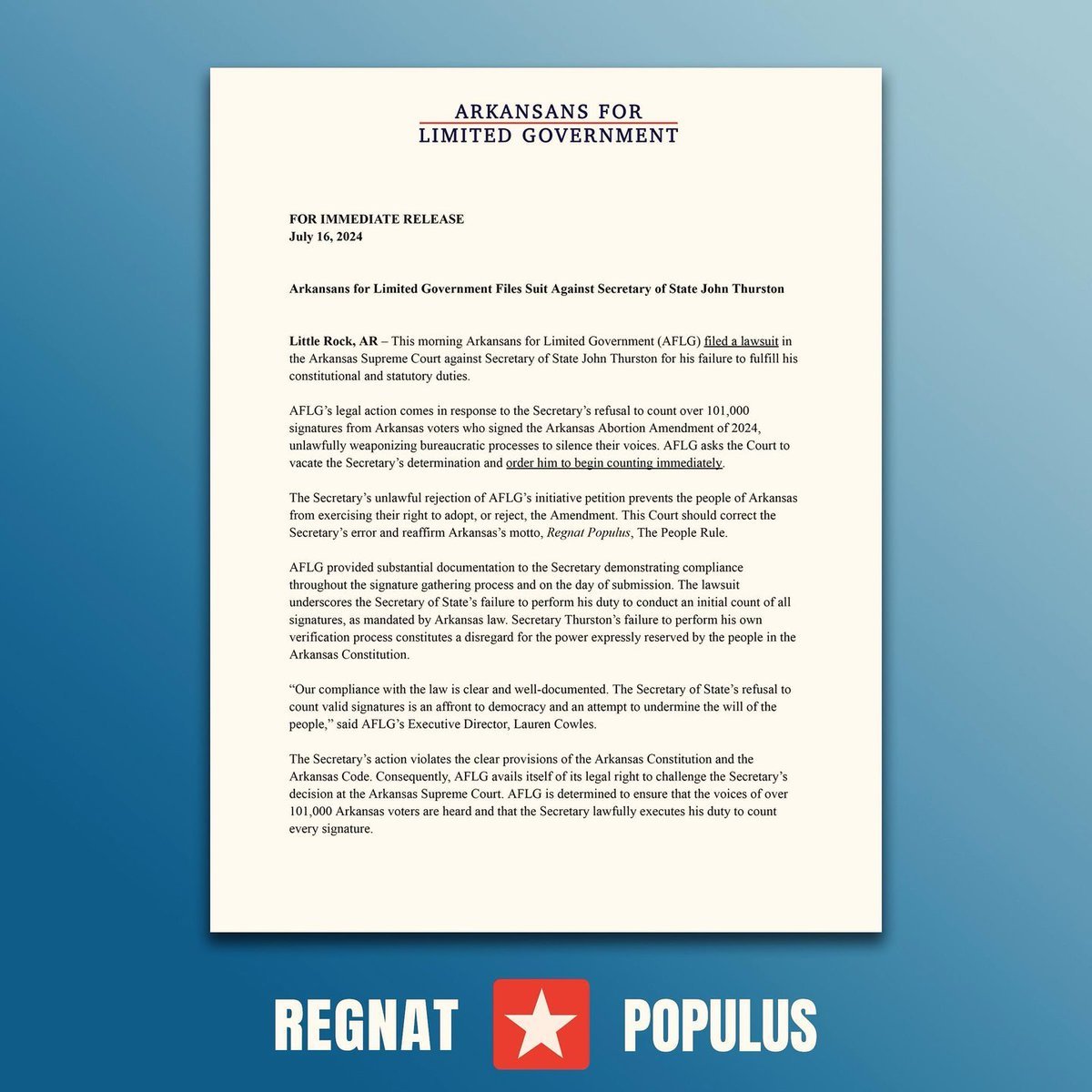 Here is our official statement on our lawsuit asking the Arkansas Supreme Court to order Sec. Thurston to begin counting the 101,525 signatures we collected to put the Arkansas Abortion Amendment on the ballot this November.