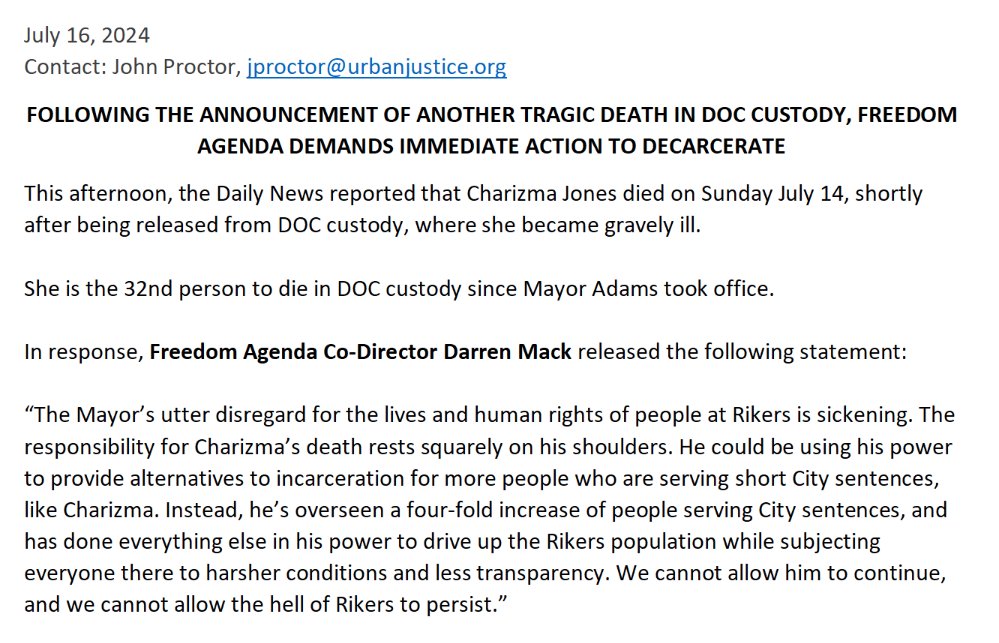 FreedomAgendaNY's tweet photo. STATEMENT from Freedom Agenda Co-Director Darren Mack about the reported death of Charizma Jones #CloseRikers https://t.co/fzmcCsjYQu