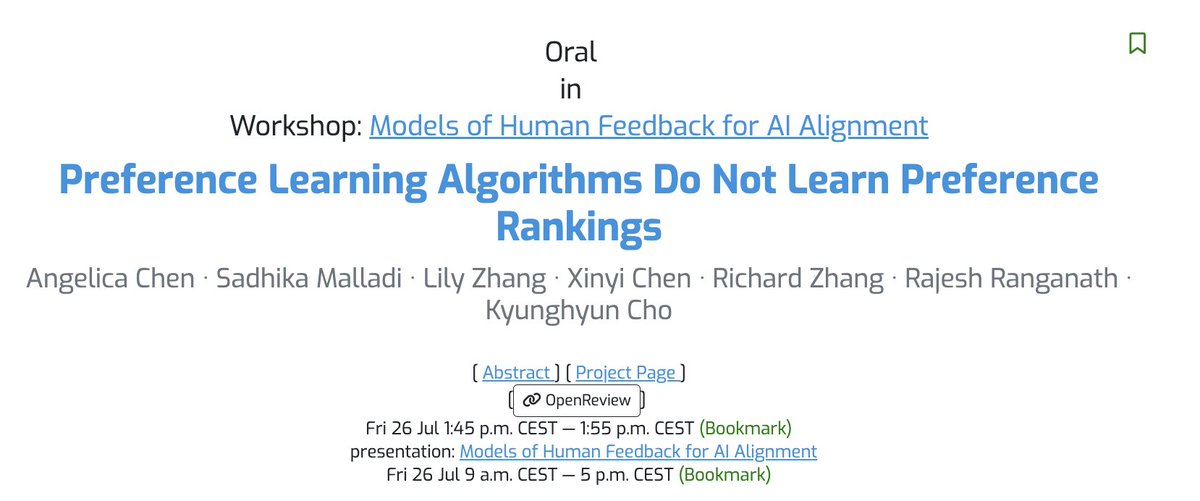 Angelica Chen (@_angie_chen) on Twitter photo I'll be at <a href="/icmlconf/">ICML Conference</a> next week! Giving a plenary talk at the HiLD workshop and an oral on our recent paper (arxiv.org/abs/2405.19534) at the MHFAIA workshop!
Pls reach out to chat if you're also interested in any of these topics! 😊 I'll be at <a href="/icmlconf/">ICML Conference</a> next week! Giving a plenary talk at the HiLD workshop and an oral on our recent paper (arxiv.org/abs/2405.19534) at the MHFAIA workshop!
Pls reach out to chat if you're also interested in any of these topics! 😊