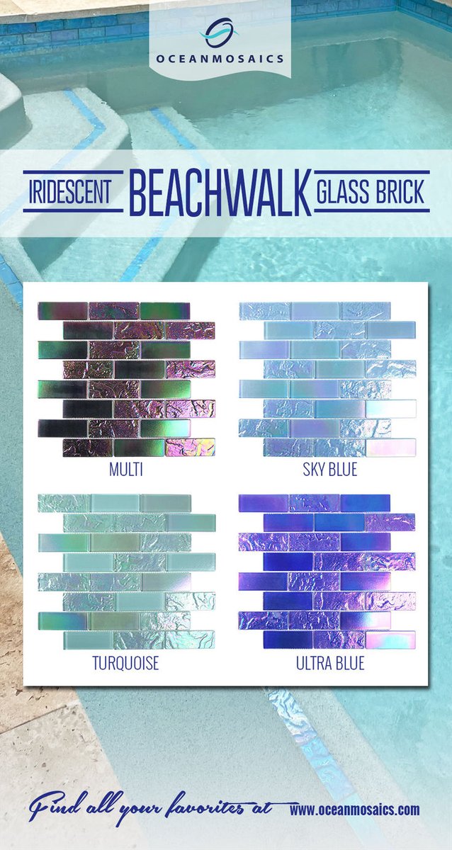 OceanMosaics's tweet photo. Shimmery, dazzling Beachwalk Brick iridescent pool tile adds the WOW! factor on a waterline or interior feature wall. 4 shimmery colors to choose from, just simply pick your favorite! | backyard renovations | dream backyard | above ground pool steps |… https://t.co/PM18C6WvUJ https://t.co/zNnVACvlRU