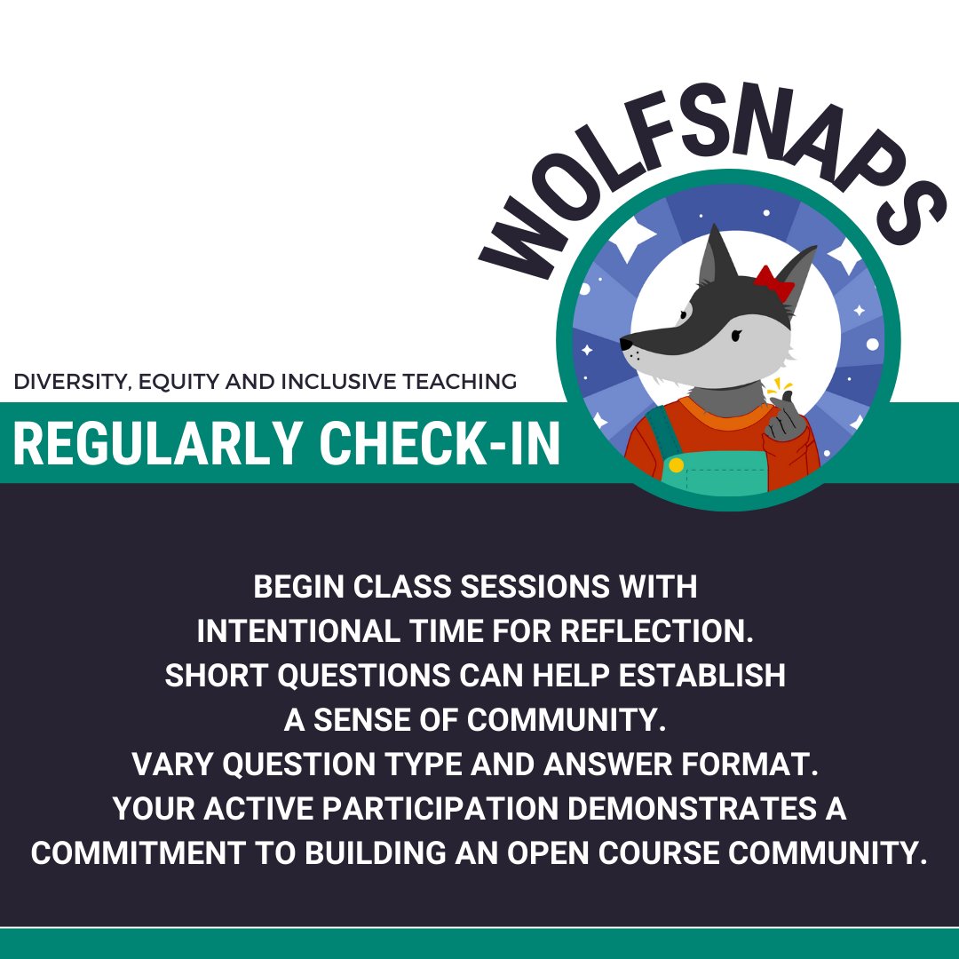NCStateDELTA's tweet photo. It’s #DEITipTuesday @NCState! This week, we pull from our #InclusiveTeaching #WolfSNAPS to talk about #CheckIns @NCStateOIED @NCStateOFE @NCStateWiT @WolfpackAtWork @ncsulibraries 
https://t.co/zKKDxLrlgR https://t.co/Mdx1t36Pbh