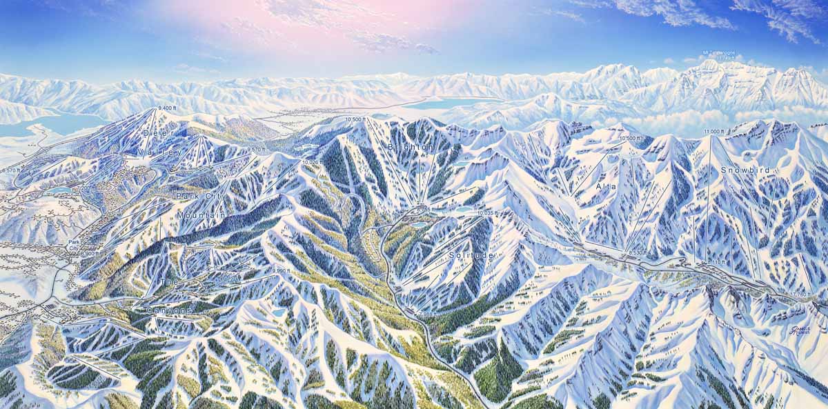 JamesNiehues's tweet photo. Here's an unusual if not a little outdated map I painted for @SkiUtah back in 2013. This map depicts their unique #Interconnect skiing experience. Skiers visit @Deer_Valley, @PCski, @SolitudeMTN, @BrightonResort, @AltaSkiArea &amp; @Snowbird all in one day! https://t.co/lLvLSgaGvZ