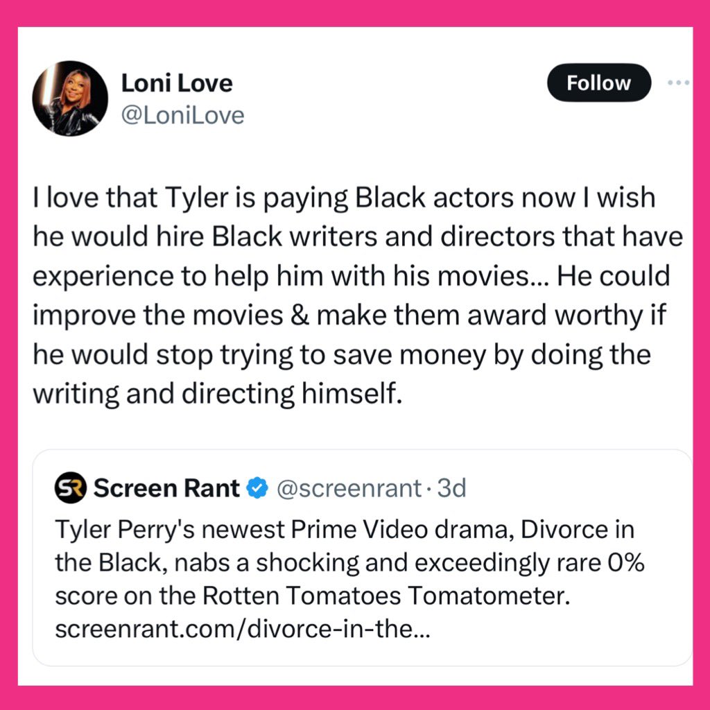 FACTS OR REACHING? 👀| Loni Love says Tyler Perry could create better projects if he invested in black writers and directors instead of trying to do it all himself. 

“I love that Tyler is paying Black actors now I wish he would hire Black writers and directors that have