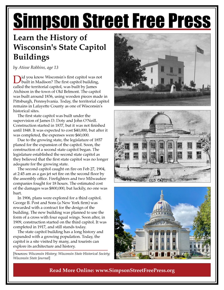 ssfp_news's tweet photo. Did you know Wisconsin's first capitol wasn't in Madison? SSFP reporter Atisse Robbins explores the evolution of Wisconsin's capitol buildings and their history. Learn more below or online:
https://t.co/QetVxrvKSM
#NeverHandInYourFirstDraft https://t.co/lO6LYifaQq