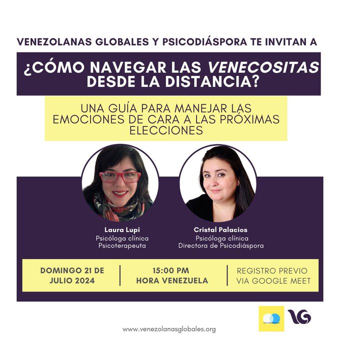 psiquearte's tweet photo. 🇻🇪 🌎 ¿Eres venezolana en la diáspora? ¿Estás inquieta ante las elecciones en Venezuela? @psicodiaspora y @VzlanasGlobales estarán facilitando un espacio de reflexión psico-política este próximo domingo 21/07 3pm CCS

✅ ¡Únete! Registrate aquí: https://t.co/fJhXdRSZ4v https://t.co/ziTKtTLl6r