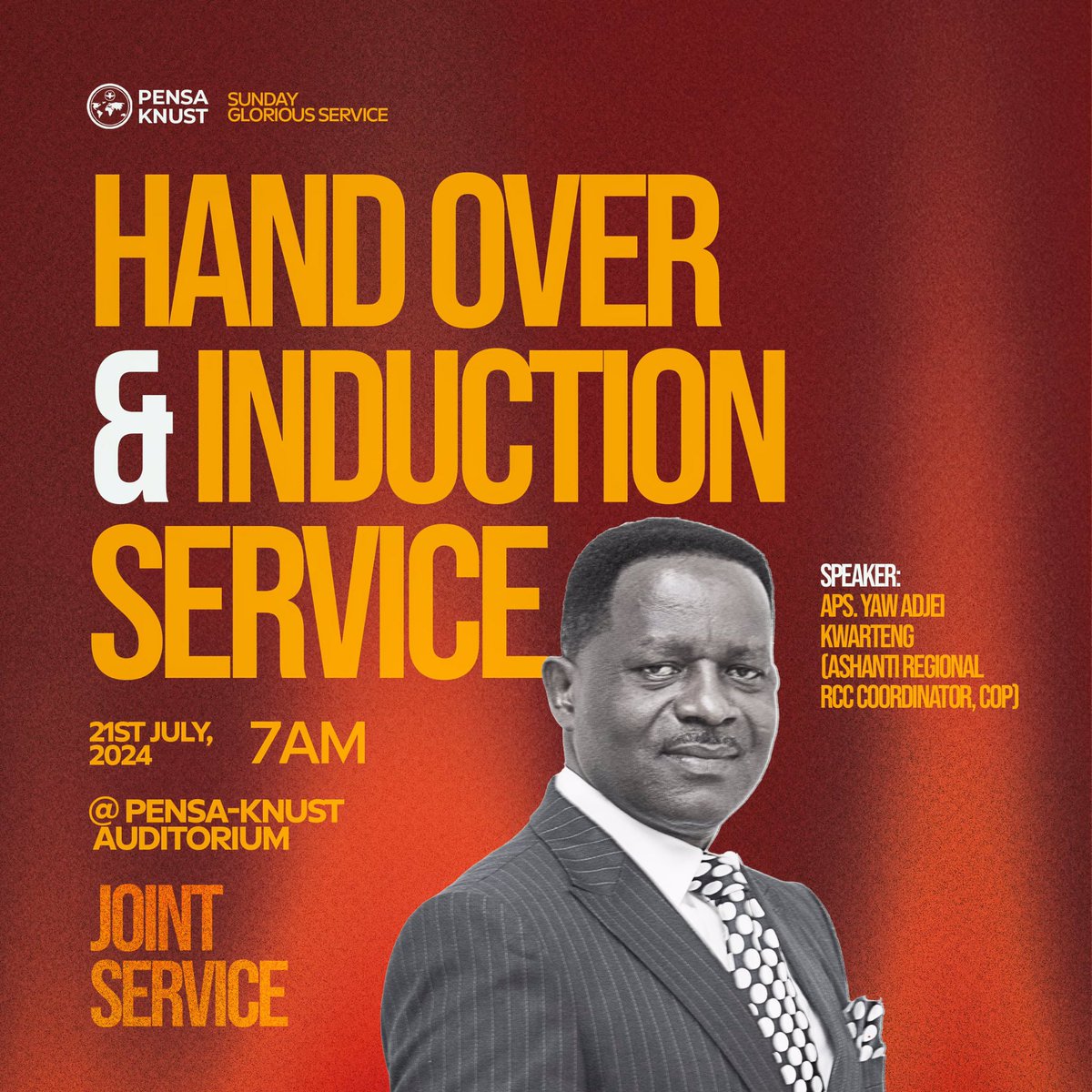 PENSAKNUST1's tweet photo. Christ  in you!

PENSA-KNUST is thrilled to apprise you of her HANDOVER AND INDUCTION SERVICE

21st July, 2024
7:00am sharp
The PENSA Auditorium
Aps. Yaw Adjei Kwarteng

The cloud of glory is movinggg, move with the cloud!
 
#handoverservice|| #sundayservice||#pensaknust https://t.co/A5N0HWbpkY