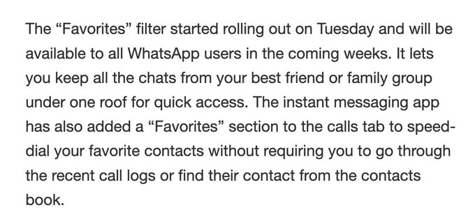 WhatsApp introduces 'Favorites' for quick access to contacts and groups that matter most | TechCrunch