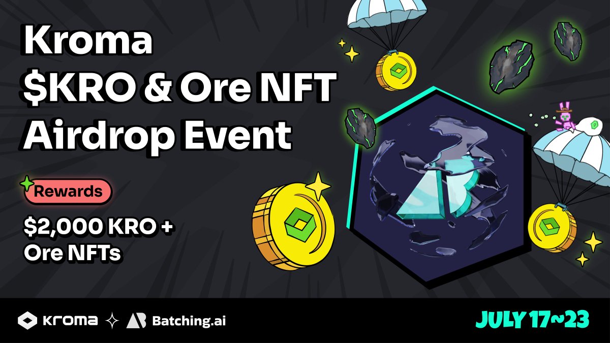 kroma_network's tweet photo. 💚Kroma x @BatchingAI $KRO & Ore NFT #Airdrop Event

To celebrate our partnership with https://t.co/YcIrD47p0F, we’re hosting an airdrop for our community!

🎁$2,000 $KRO + Ore #NFTs + 10M pBAT
⭐EXTRA Rewards for Kroma Guardian House (#KGH) Holder: 500 pBAT per holder

How to join?
1️⃣ Like & RT this tweet
2️⃣ Complete all the tasks here👇
https://t.co/CaYi7t6dGo