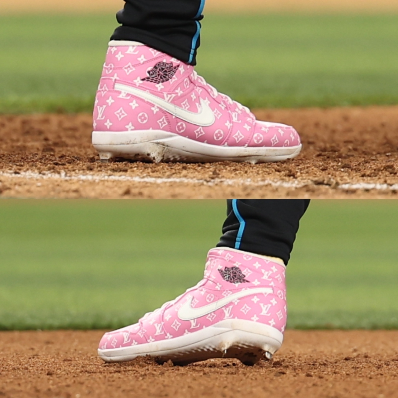 Two photos of Elly De La Cruz's pink Louis Vuitton Jordan cleats during the 2024 All-Star Game.