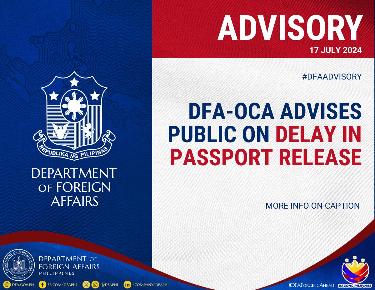 DFAPHL's tweet photo. (1/2) READ #DFAAdvisory: The Department of Foreign Affairs (DFA) informs the public that recent passport applications made last week have been affected by a system downtime due to the maintenance work being conducted by our service provider, APO Production Unit, Inc. (APO). https://t.co/UaUQnZZB7a