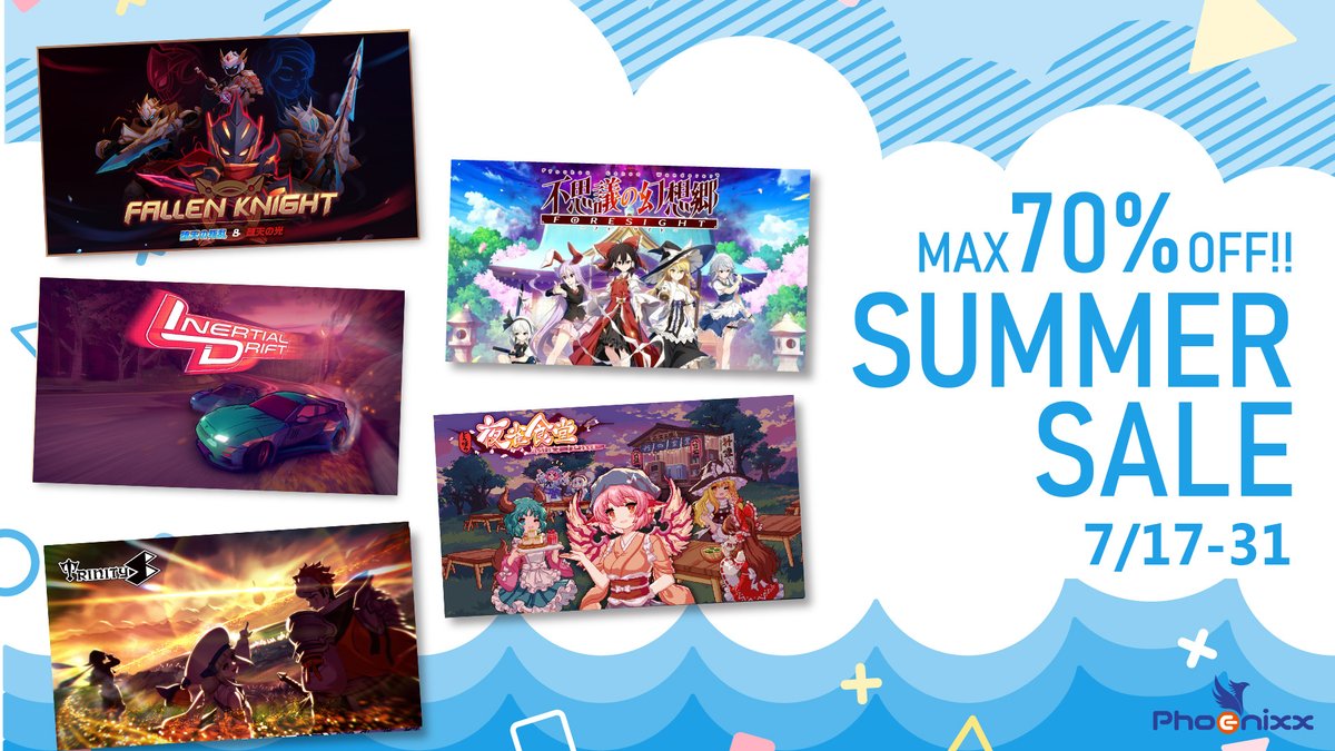 Phoenixx_Inc's tweet image. ＼🎉最大70％OFF！Phoenixx Summer Sale実施中🎊／

Switch、PlayStation、Steamの好評販売中タイトル全33作品が、10%〜70％OFF👀で購入できる「Phoenixx Summer Sale」🍉実施中！

DLCに新ストーリー追加の『Fallen Knight』や初セールとなる『とうほう夜雀食堂』をお得に購入するチャンスです。…