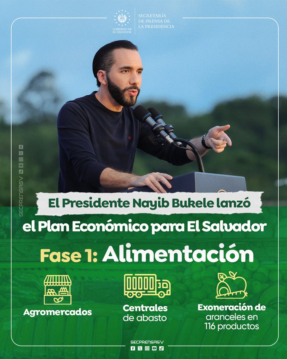 #SeguridadAlimentaria | El Presidente <a href="/nayibbukele/">Nayib Bukele</a> anunció el Plan Económico para El Salvador. La primera fase, denominada Alimentación, incluye la instalación de Agromercados, construcción de centros de abasto y la exoneración de aranceles a 116 productos. #SecretaríaDePrensa