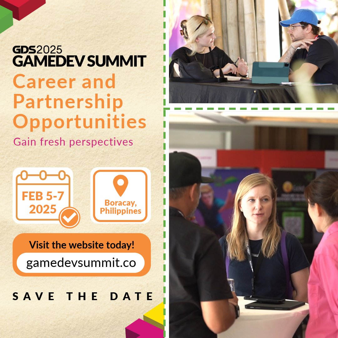GDSummitAsia's tweet photo. GDS2025: Transform Your Career! 🌟 Unlock career and partnership opportunities, and gain fresh perspectives! 📅 Feb 5-7, 2025 📍 Boracay, Philippines. Register now! #GDS2025 #GameDevSummit #CareerOpportunities #Networking https://t.co/1tVpt17xlK