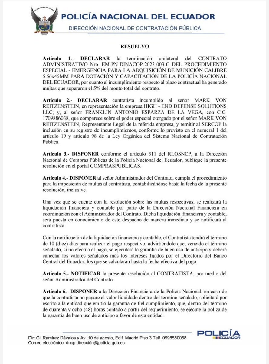 CarlosVerareal's tweet photo. La resolución de la #Policía de dic/23 en que declara #contratista incumplida con el #Estado a #HENDS que ahora califica el Ministerio de Defensa para concurso de cascos y chalecos… https://t.co/9XZCH9vmpb